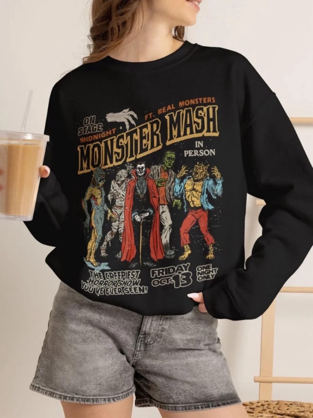 Black Monster Mash Graphic Sweatshirt with Multicolor Print